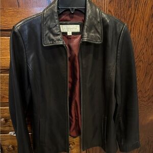 Liz Claiborne Leather Jacket Black Zip Front Womens